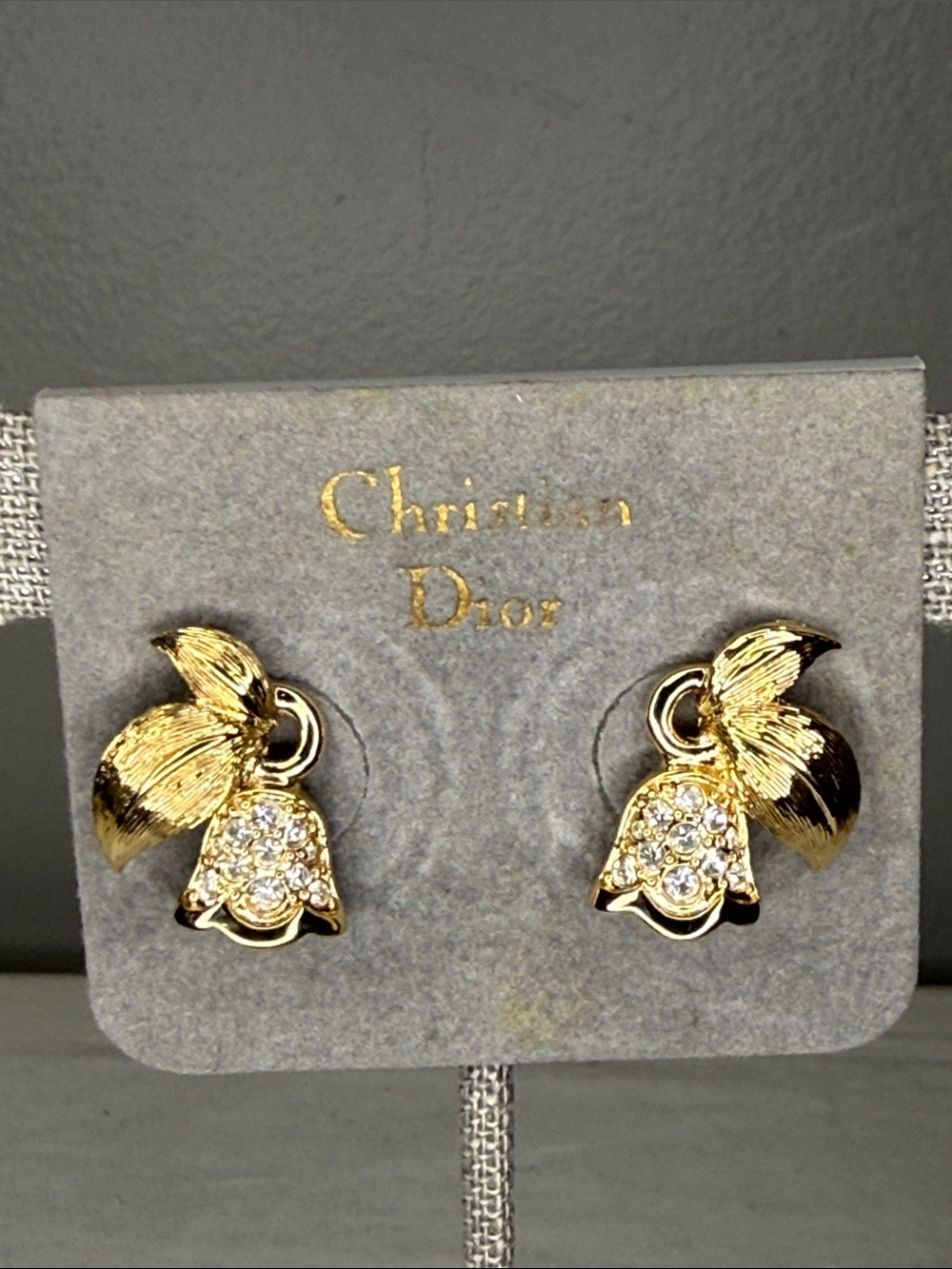 Vintage Christian Dior Gold Tone Floral Crystal Clip-On Earrings – 1"